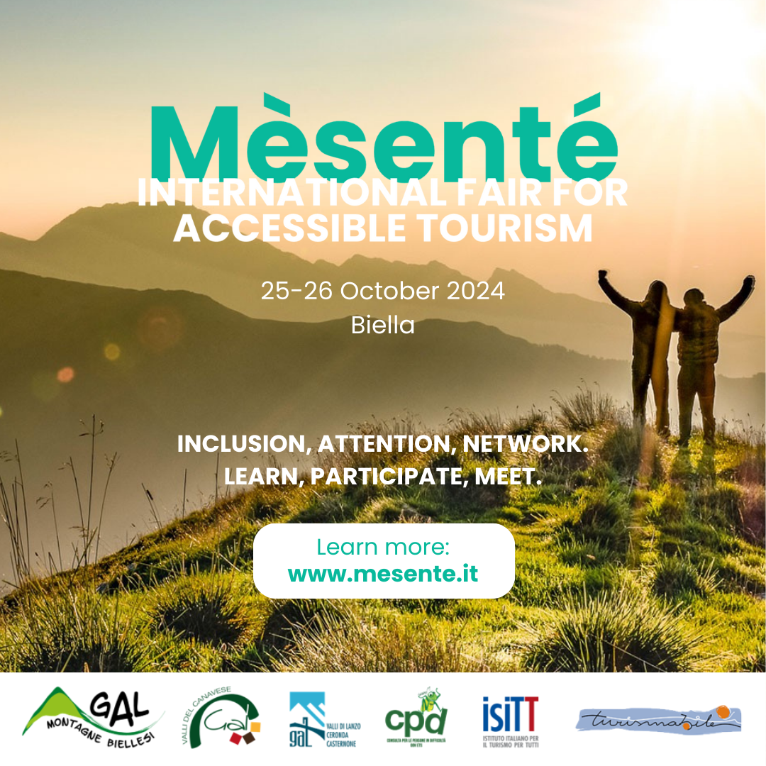 Banner Image of the Mèsenté international accessible tourism exchange event. Two human figures in silhoutte, waving, in a mountain landscape at sunset. 