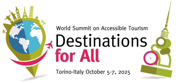 Logo of Destinations for All Summit with text, map marker and the spire of Torino's Mole Antonelliana building 
