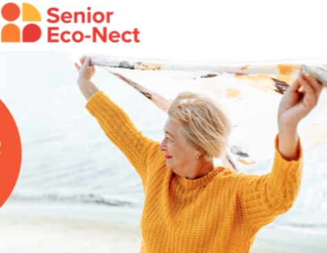 Image of Senior Eco-Nect logo and woman with grey hair and yellow pullover holding a scarf above her head