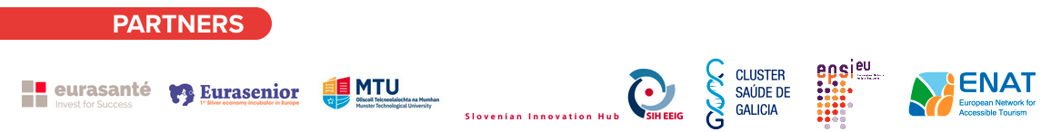 logos of all partners of the Senior Eco-Nect project: EURASANTE, MUNSTER TECHNOLOGICAL UNIVERSITY, SLOVENSKO INOVACIJSKO STICISCEEVROPSKO GOSPODARSKO INTERESNOZDRUZENJE, ASOCIACION CLUSTER SAUDE DE GALICIA,  EUROPEAN PLATFORM FOR SPORTS AND INNOVATION, EUROPEAN NETWORK FOR ACCESSIBLE TOURISM ASBL