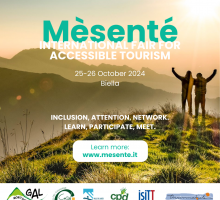 Banner Image of the Mèsenté international accessible tourism exchange event. Two human figures in silhoutte, waving, in a mountain landscape at sunset. 