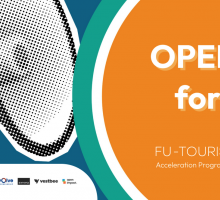 Image of a megaphone and orange circle with text: Open Call for SMEs FU-TOURISM Funded by the European Union, and project partner logos