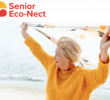 Image of Senior Eco-Nect logo and woman with grey hair and yellow pullover holding a scarf above her head