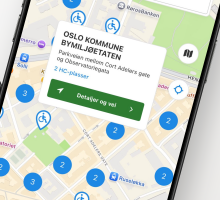 Image of Handipark App showing a map with streets and locations of parking places for disabled drivers