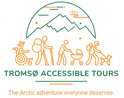Logo of the company. Drawing of a group of people with accessibility requirements walking in front of a mountain.